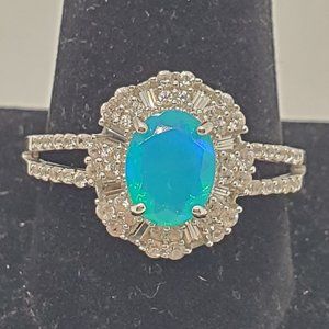 BLUE ETHIOPIAN OPAL, WHITE ZIRCON & WHITE TOPAZ STERLING RING size 12